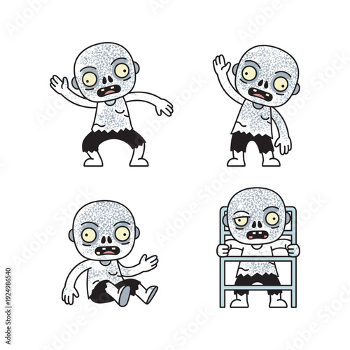 Zombie baby in different poses and situations with a distressed expression