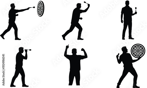 Six silhouettes demonstrating various throwing techniques and stances isolated on white background, Vector, illustration