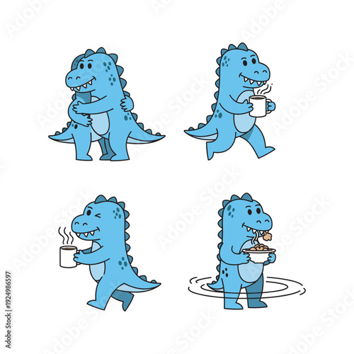 Cartoon dinosaur enjoying coffee in various poses on white background