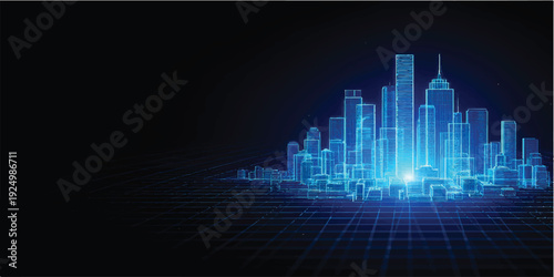 Blue business growth graph on digital city skyline background at night
