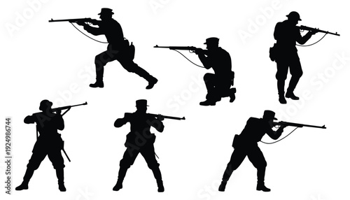Silhouettes of soldiers in various tactical shooting positions and stances isolated on white background, Vector, illustration