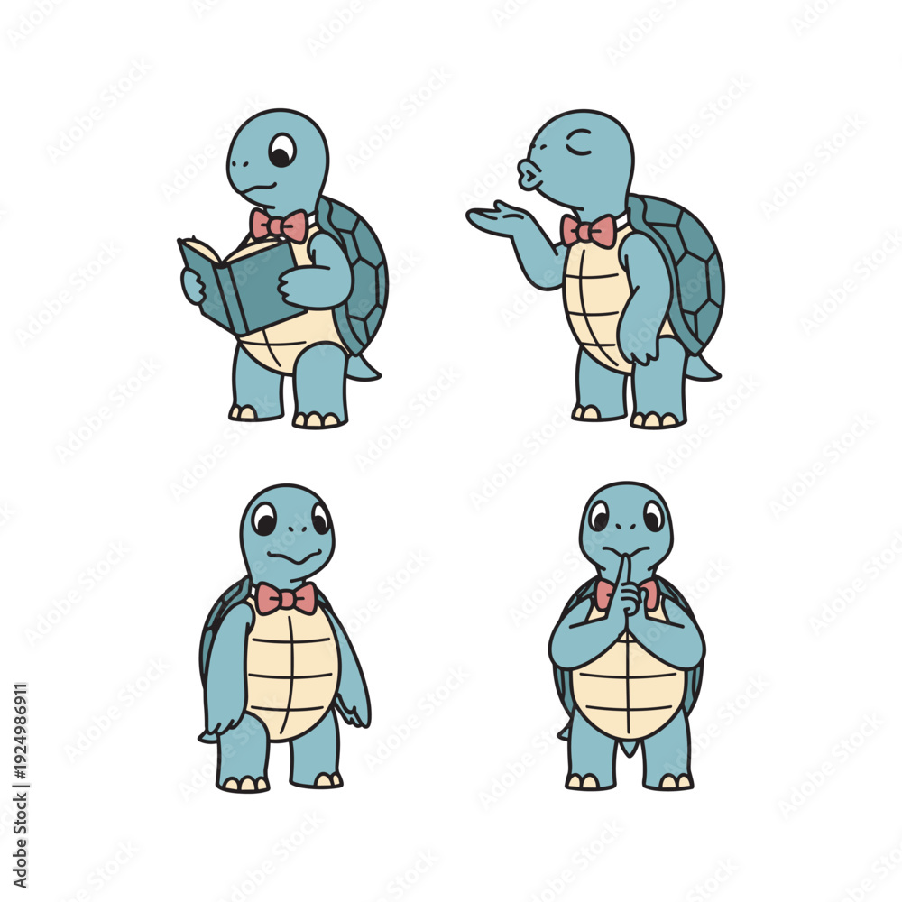 Fototapeta premium Cartoon turtle character in various poses with bow tie on white background