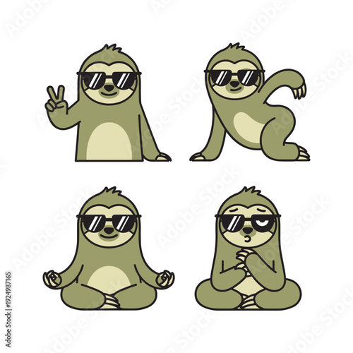 Cartoon sloth characters wearing sunglasses in various yoga poses on white background