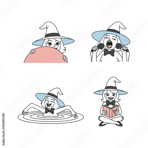 Cartoon witch character in different poses and activities with hat and bow tie