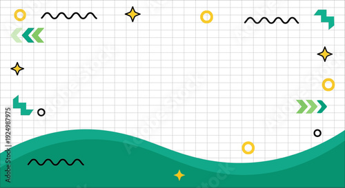 White background with scattered geometric shapes and a green wave border