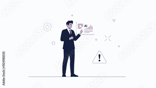 Businessman pointing at AI interface with risk warning symbol