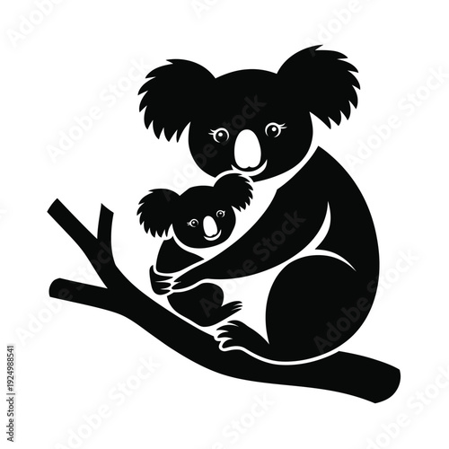 A mother koala holding her joey on a tree branch in silhouette style isolated on white background, Vector, illustration