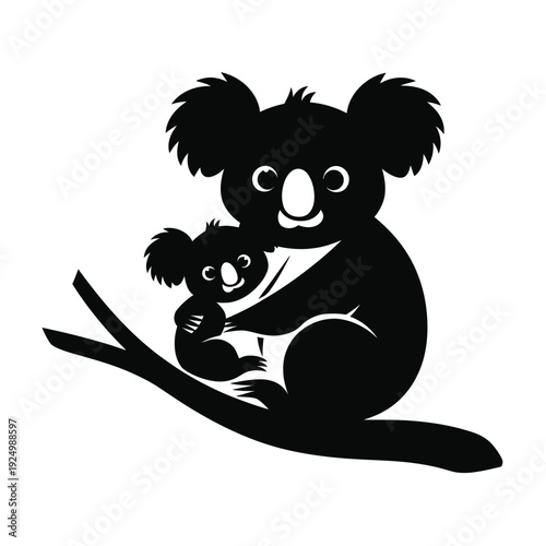 A mother koala holding her joey on a tree branch in silhouette art style isolated on white background, Vector, illustration