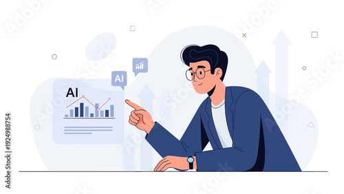 Businessman analyzing financial chart with AI insights, business growth concept