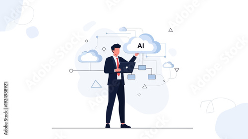 Businessman Holding Laptop with AI Cloud Connection