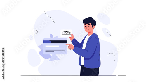 Man holding card with 'Task Completion' text, business concept illustration