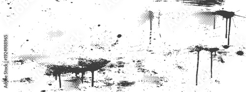 Grungy distressed texture with ink splatters paint drips and halftone pattern on a white background