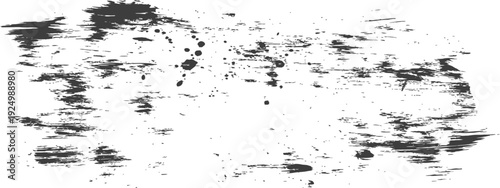 Abstract grunge texture with black ink brush strokes and splatters on white background
