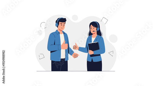 Customer Service Team Collaboration: Operators with Headsets Shaking Hands