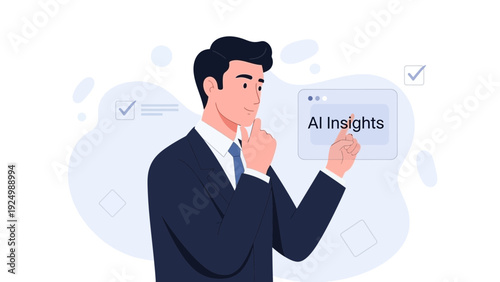 Businessman interacting with AI insights on digital screen, innovative technology concept