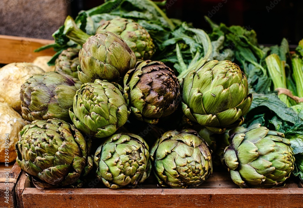 Fototapeta premium A vibrant display of fresh green artichokes and other healthy vegetables at a bustling market stall, showcasing natural produce ready for culinary use.