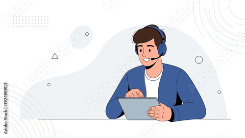 Customer support agent with headset and tablet, modern flat illustration