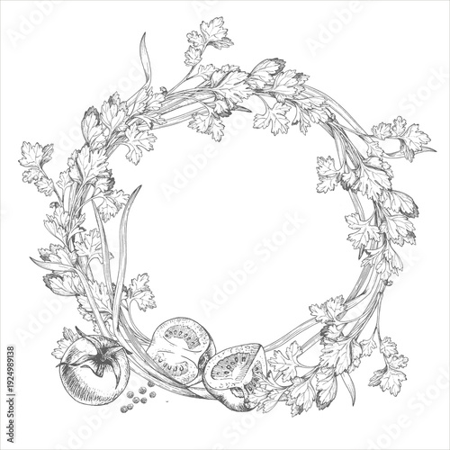 Wreath of the green onion, tomatoes, parsley and black pepper. For packaging design, cards, cover, prints, product labels and fabric.