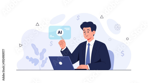 Businessman interacting with AI on screen, working on laptop, modern technology concept