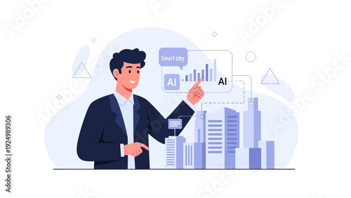Businessman interacting with smart city AI technology and data visualization
