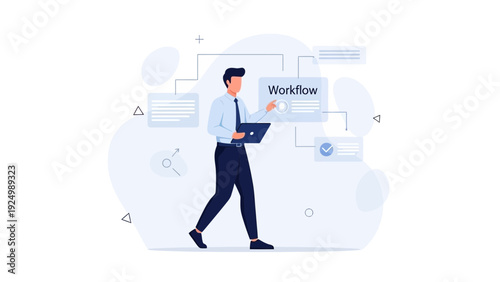 Businessman managing workflow on digital interface, business process optimization
