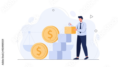 Financial Growth Concept: Businessman Stacking Blocks with Coins and Scales