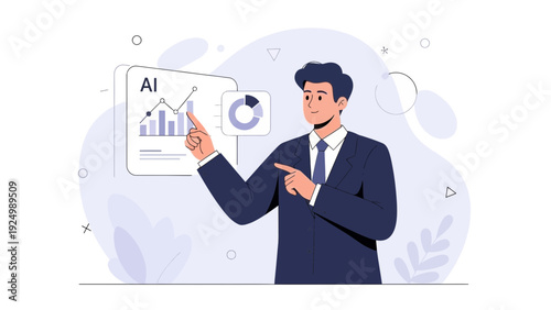 Businessman pointing at AI data analytics chart, business growth concept