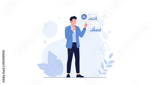 Businessman pointing at AI data analytics charts with growth graphs