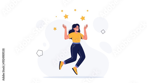 Happy Woman Jumping with Stars Falling Down