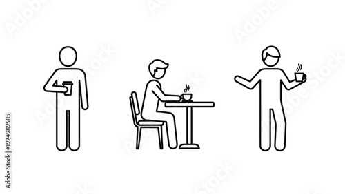 Simple line art illustration of people enjoying hot beverages in various relaxed poses and settings