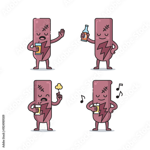 Cartoon battery character having fun and enjoying music with copy space