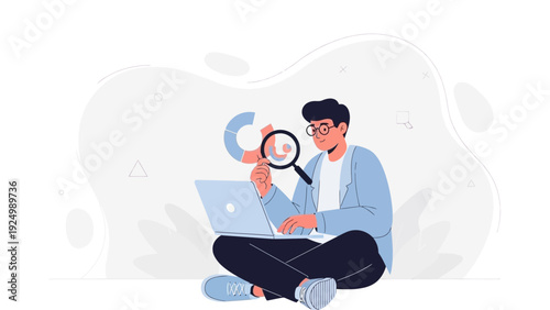Man Analyzing Data on Laptop with Magnifying Glass, Business Research Concept