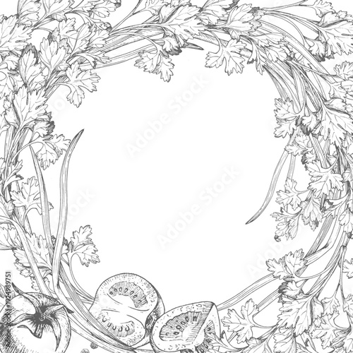 Square frame of the green onion, tomatoes, parsley and black pepper. For packaging design, cards, cover, prints, product labels and fabric.