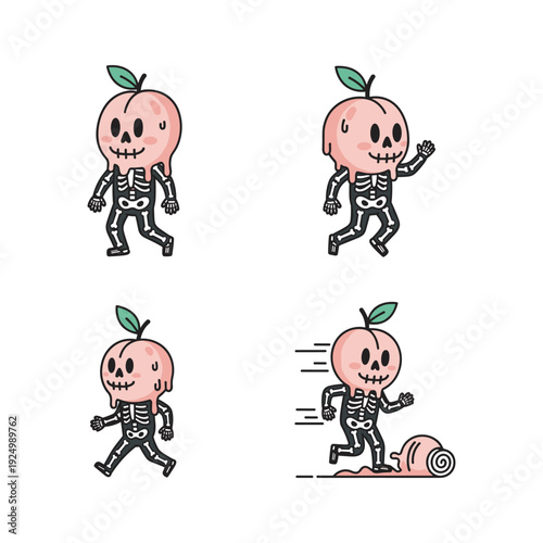 Cartoon peach skeleton character dancing and running with motion effect