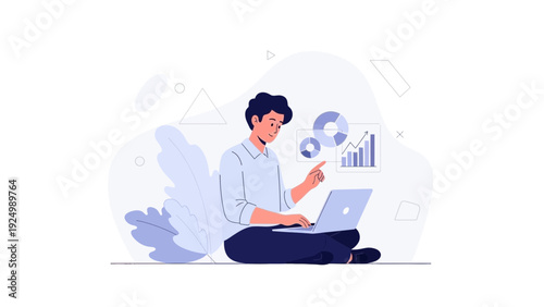 Man analyzing data on laptop, with charts and graphs, modern illustration style