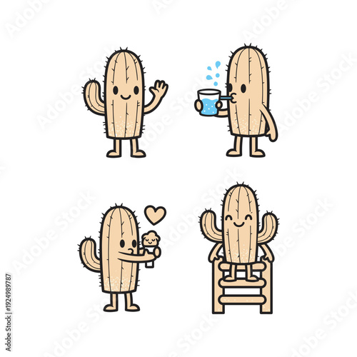 Cute cartoon cacti characters with different emotions and actions in a simple doodle style