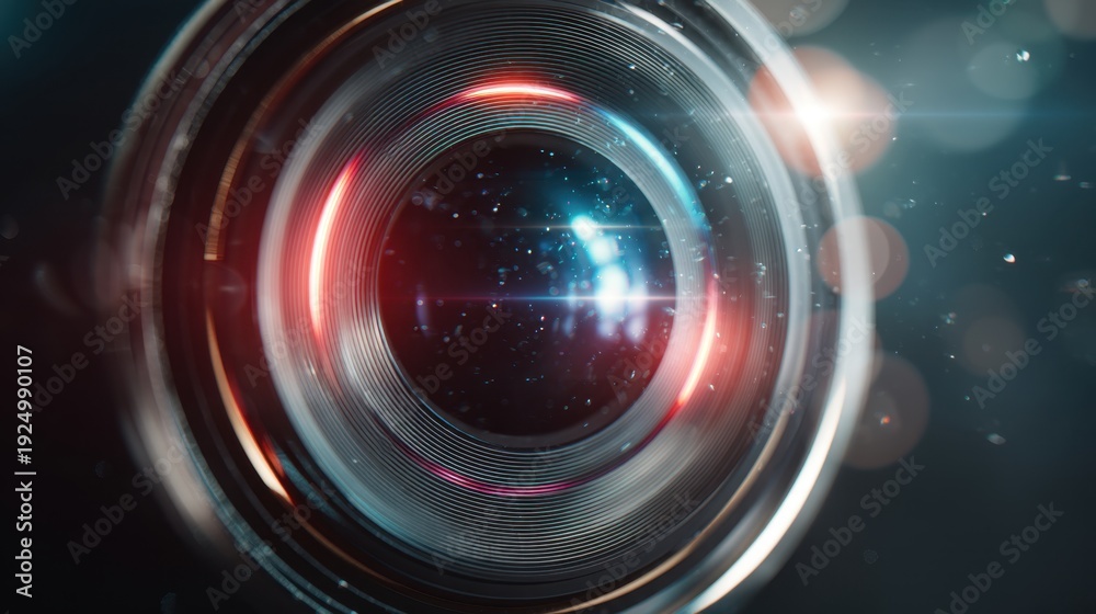 Obraz premium Camera lens with red and blue light reflection. Photography equipment concept. Optics device glass element for video or photo.