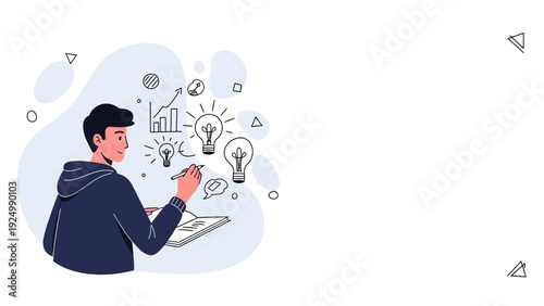 Man brainstorming ideas, drawing light bulbs and growth chart, innovation concept