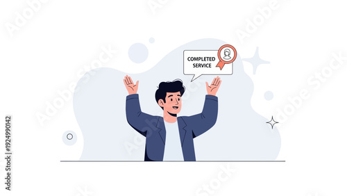 Man celebrating completed service with badge and speech bubble