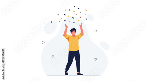 Man Celebrating with Confetti Falling, Joyful Moment, Isolated on White Background