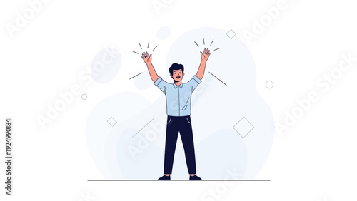 Man Celebrating Success with Raised Arms and Coins