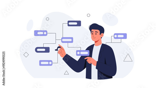 Man creating flowchart, business process management, strategy planning, decision making