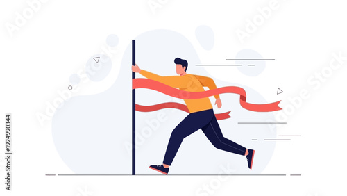 Man crossing finish line ribbon, concept of success, achievement, victory, goal reached