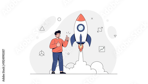 Man gives thumbs up next to a rocket launching with smoke and abstract shapes