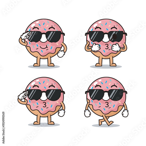 Cool donut characters wearing sunglasses in various poses on white background