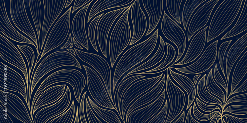 Elegant gold line floral pattern, leaves, botanical elements dark background. Luxury vector illustration, Art Deco, Nouveau, Japanese ornament, vintage aesthetic, wallpapers, wedding card
