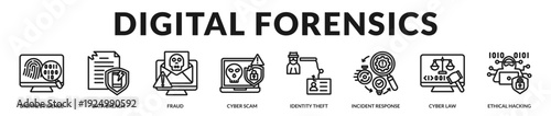 Digital forensics theme focused on investigative processes and legal compliance in cybersecurity incidents. in Lineal Icon Style