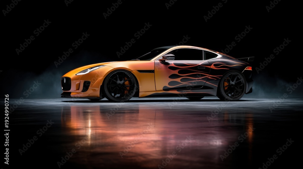 Obraz premium Sport car with flame decal on a black background. Automotive design and customization concept for speed and power display.