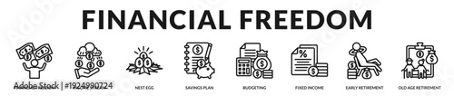 Financial freedom banner reflecting stable income streams and long term retirement independence. in Lineal Icon Style