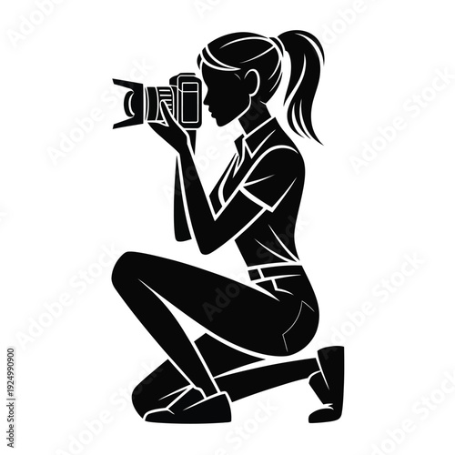 Creative photographer kneeling while capturing a moment with a vintage camera isolated on white background, Vector, illustration